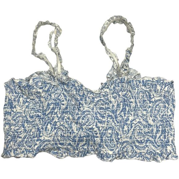 Japna Goa Beachwear Crop Top‎ Blue White Printed Smocked Tie Front NEW Women's S - Picture 2 of 7